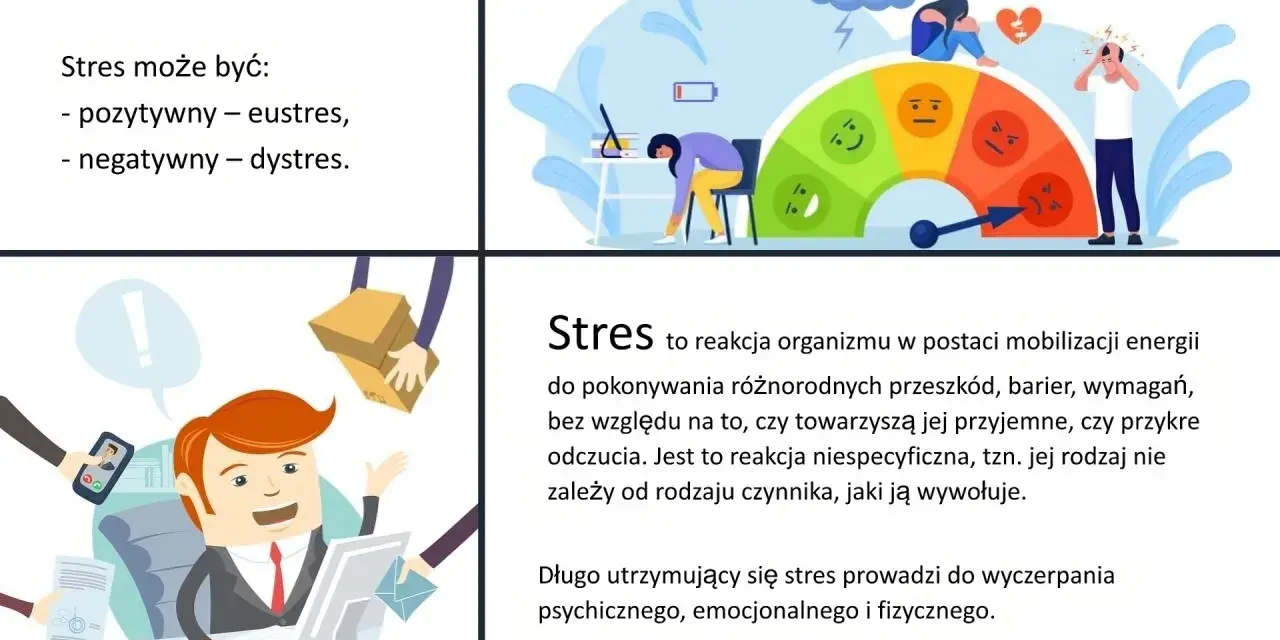 Stres może być pozytywny (eustres) lub negatywny (dystres). Obraz pokazuje czynniki ryzyka i czynniki chroniące przed stresem.
