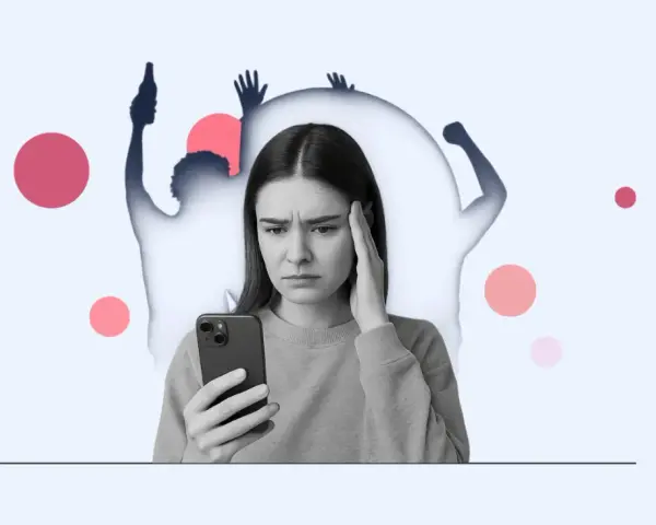 Zmartwiona dziewczyna z telefonem w dłoni, otoczona cieniami symbolizującymi uzależnienie od telefonu.