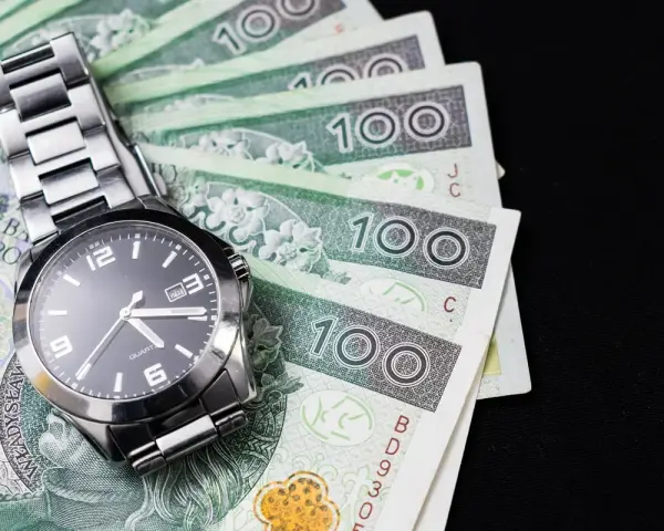Zegarek na stosie banknotów 100 zł. Czas to pieniądz, a ten schemat zachowań kompulsywnych pokazuje, jak łatwo można stracić kontrolę nad finansami.