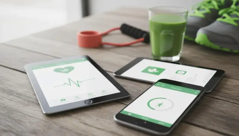 Na stole leżą tablet i smartfon z aplikacją do uzależnień, pokazującą puls i aktywność. Obok zielony koktajl, gumy do ćwiczeń i buty sportowe.