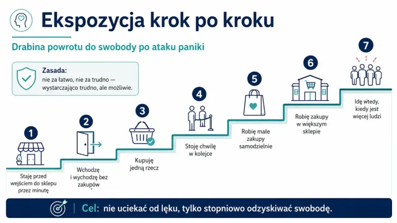 Drabina powrotu do swobody po ataku paniki: od stania przed sklepem do zakupów w tłumie. Stopniowe oswajanie lęku.